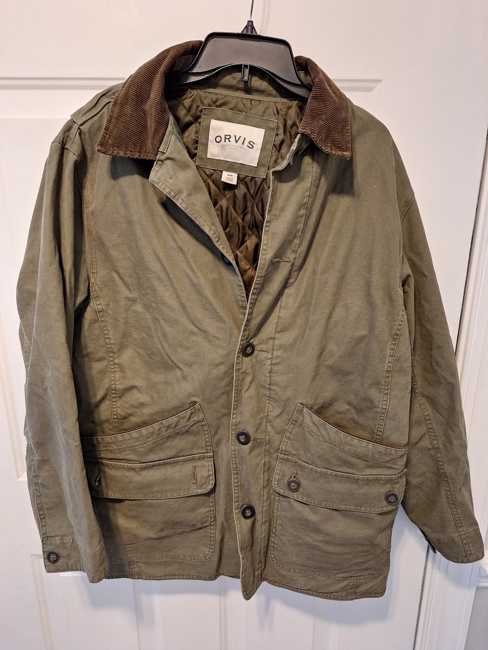 Orvis Jacket Mens Md Olive Green Field Barn Coat Corduroy Chore Quilted Lining